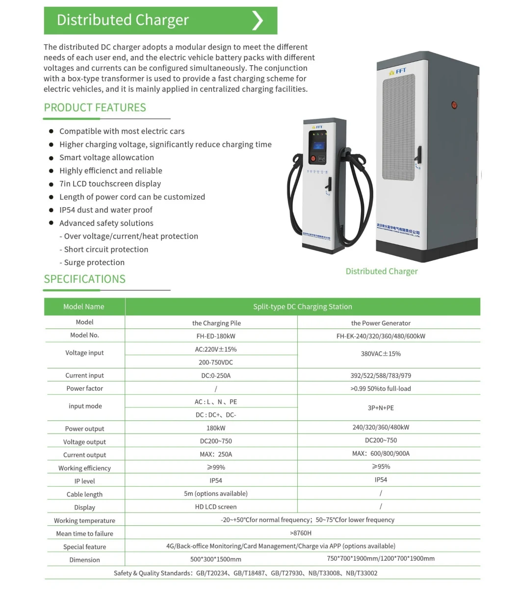 DC 180-600kw EV Distributed Charging Station IP54 Powerful Output Multiple Connectors